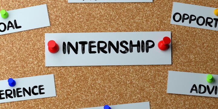 small paper with word "Internship" pinned to cork board, with parts of other related words visible on the board too, like "Goal," "Opportunity," "Experience," "Advice."